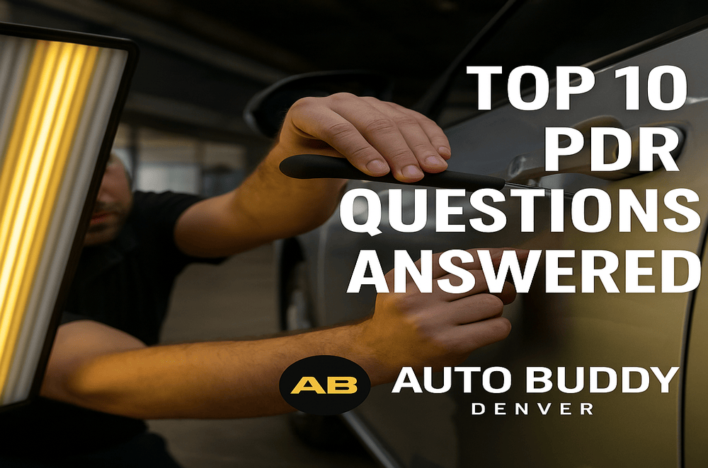 Auto Buddy Denver technician performing paintless dent repair (PDR) using reflection board tools on a car door