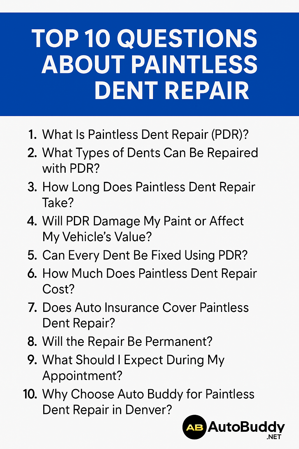 Auto Buddy technician performing paintless dent repair (PDR) in Denver, Colorado workshop